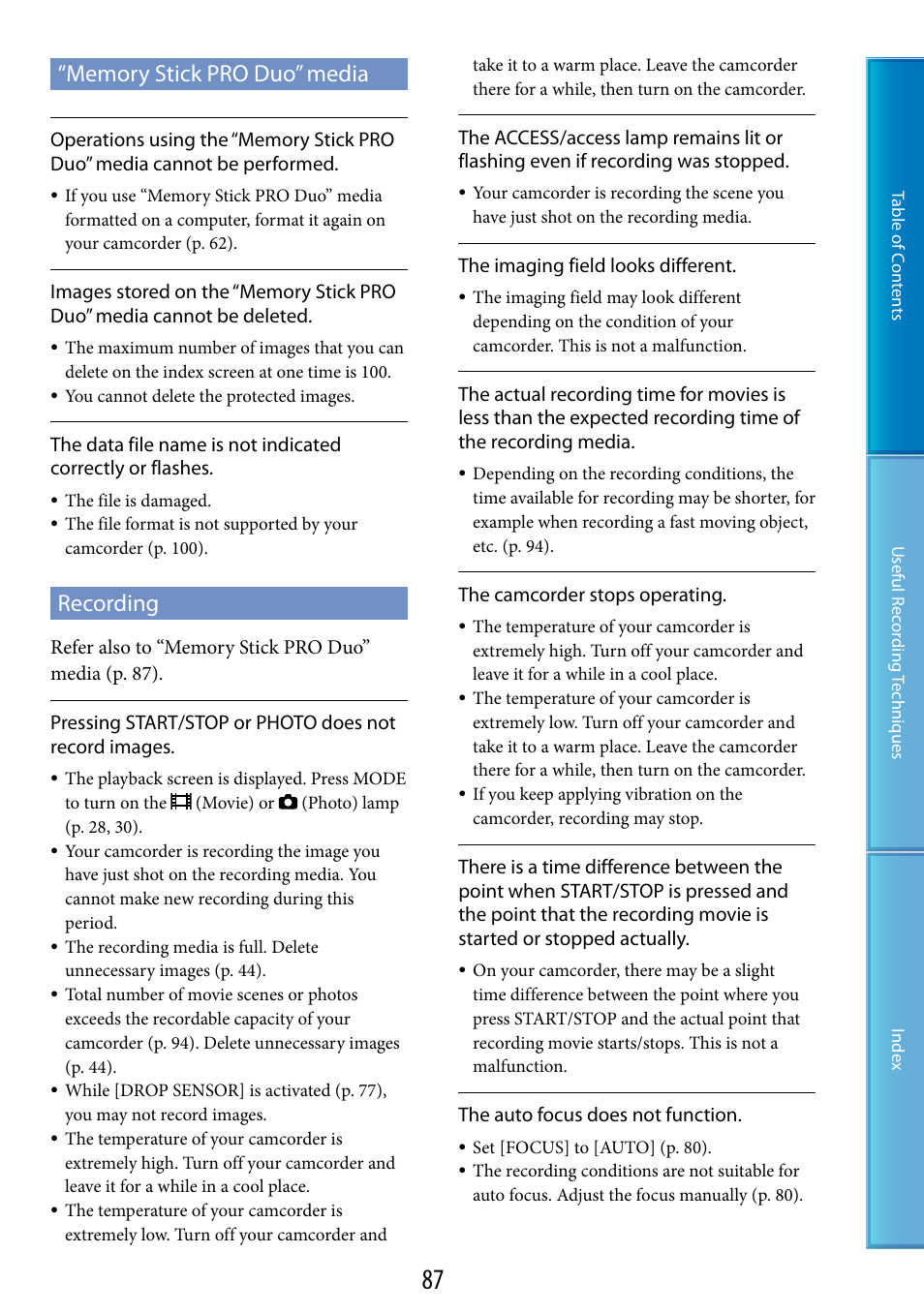 Memory stick pro duo” media, Recording | Sony DCR-SR87 User Manual | Page 87 / 107