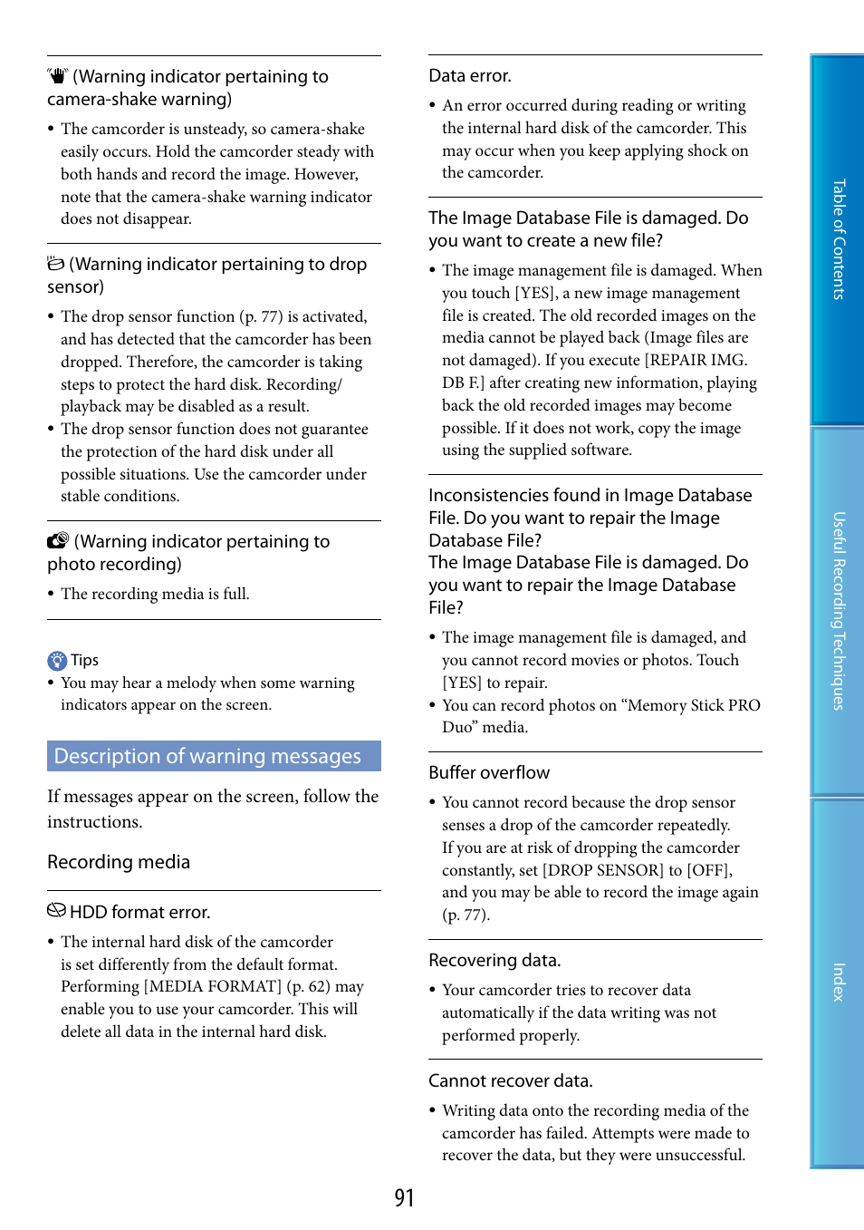 Description of warning messages, Recording media | Sony DCR-SR87 User Manual | Page 91 / 107