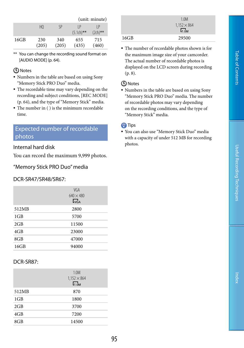 Expected number of recordable photos, Internal hard disk, Dcr-sr87 | Sony DCR-SR87 User Manual | Page 95 / 107