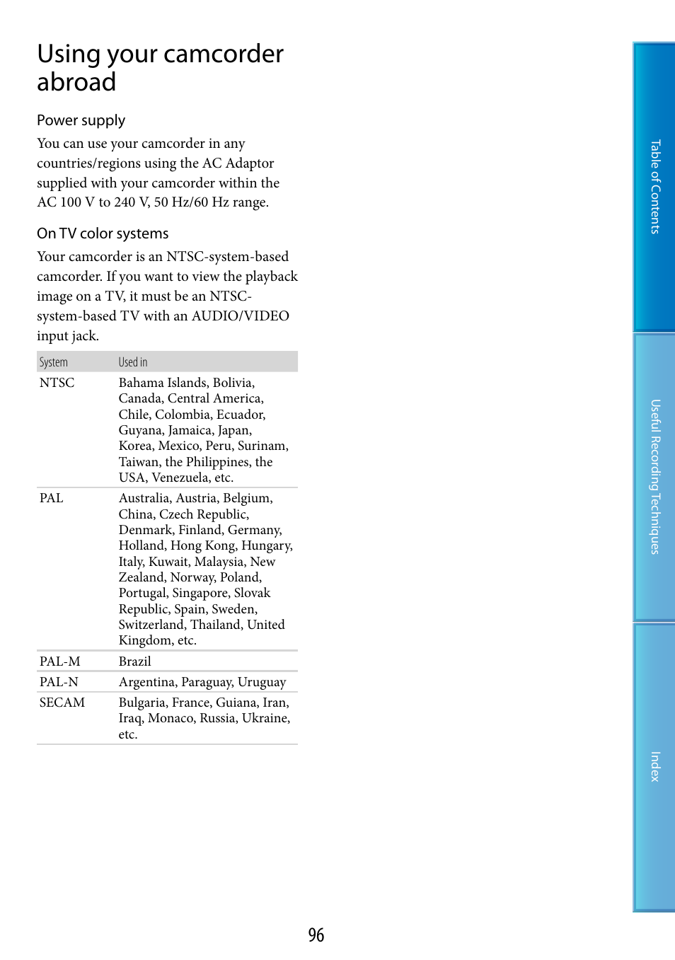 Using your camcorder abroad | Sony DCR-SR87 User Manual | Page 96 / 107