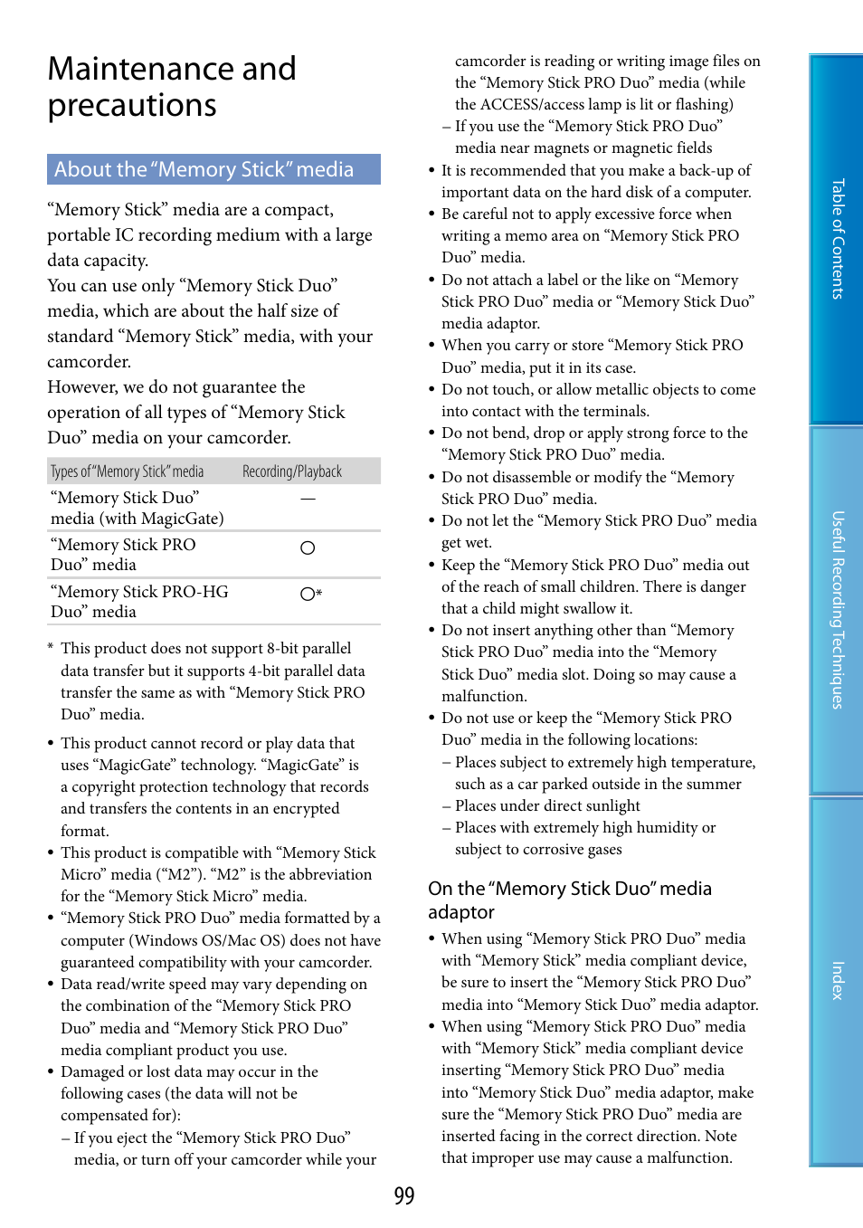 Maintenance and precautions, About the “memory stick” media | Sony DCR-SR87 User Manual | Page 99 / 107