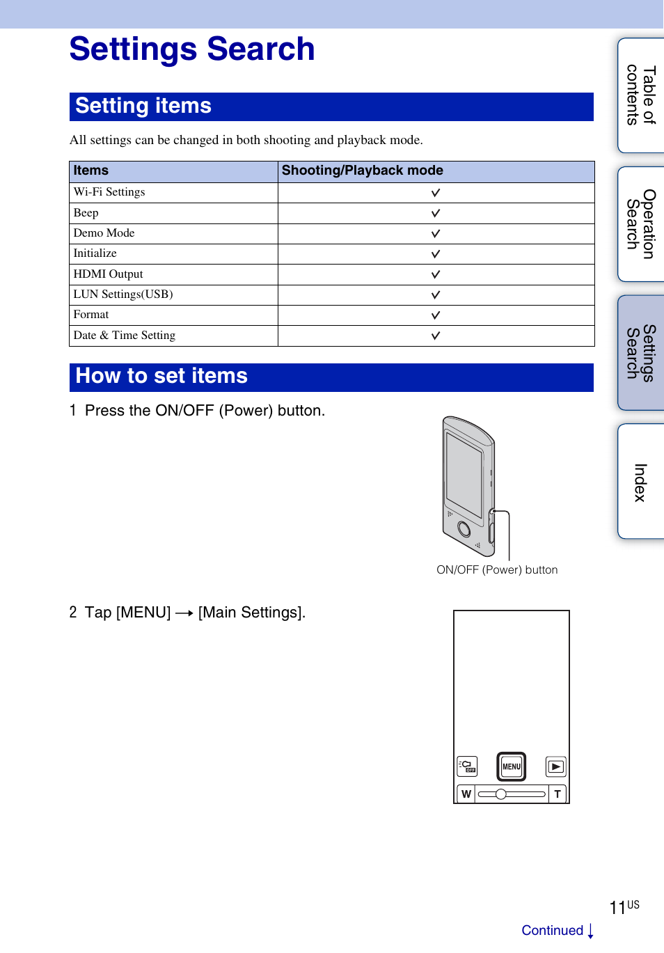 Settings search, Ttin g, Se ar | Setting items, How to set items | Sony bloggie MHS-TS55 User Manual | Page 11 / 75