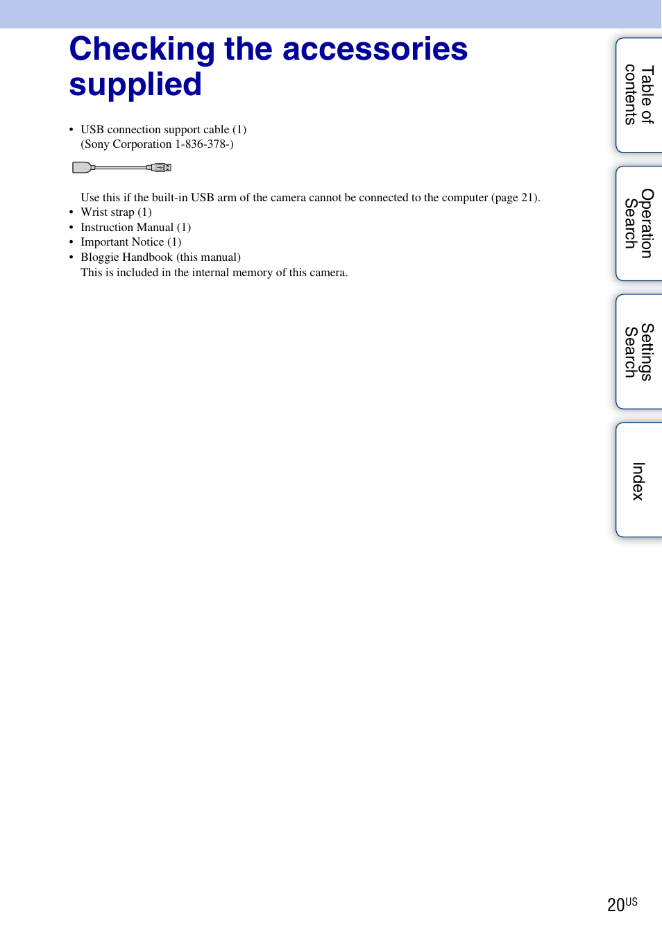 Checking the accessories supplied | Sony bloggie MHS-TS55 User Manual | Page 20 / 75