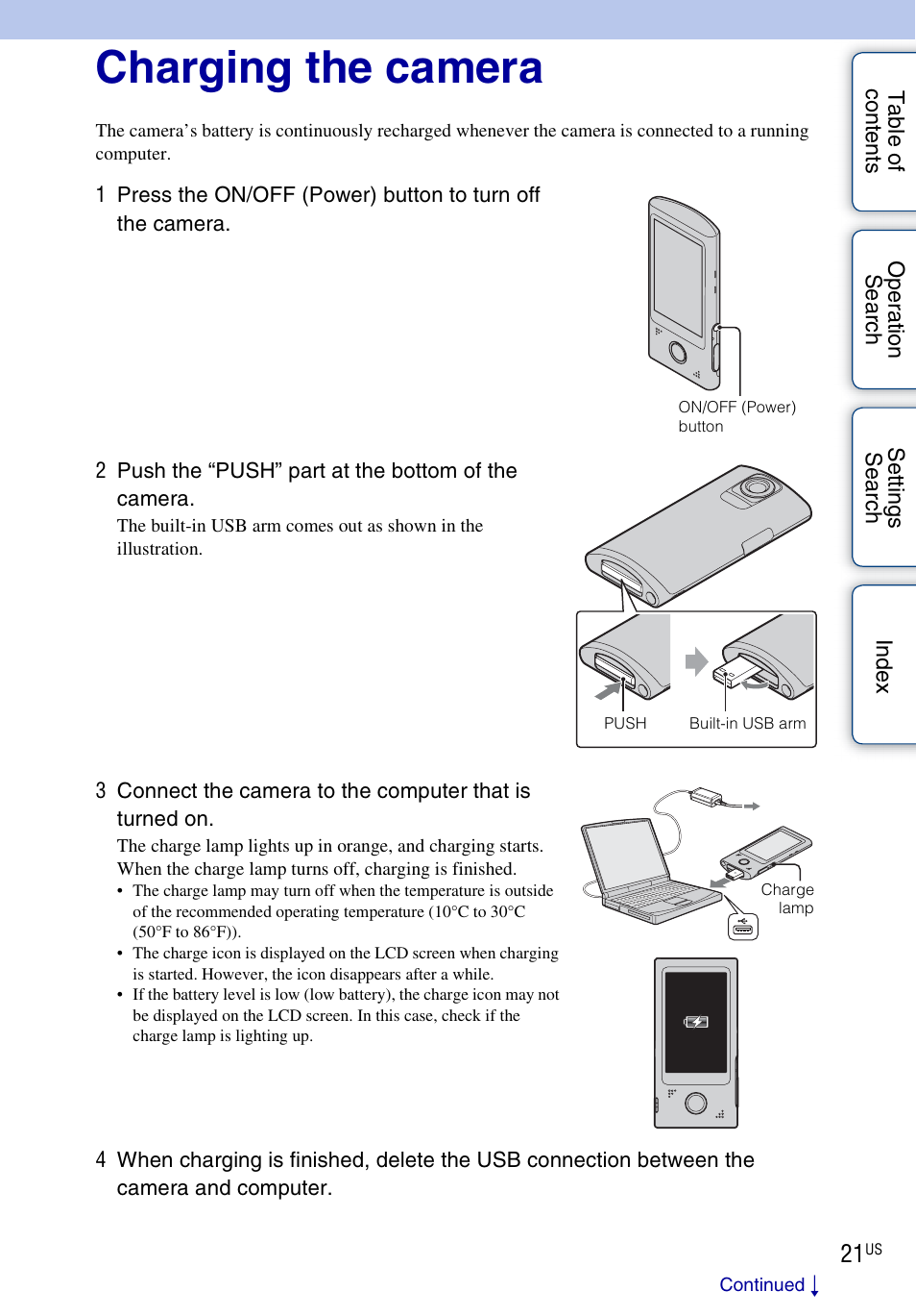 Charging the camera | Sony bloggie MHS-TS55 User Manual | Page 21 / 75