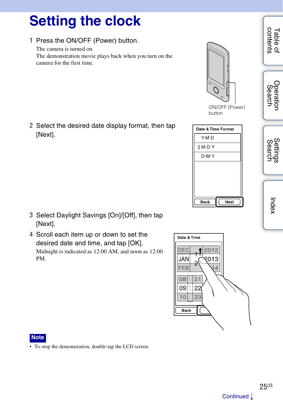 Setting the clock | Sony bloggie MHS-TS55 User Manual | Page 25 / 75