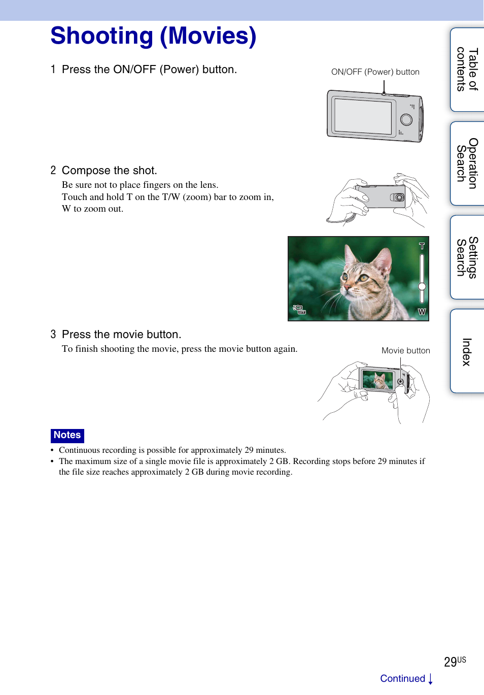 Shooting (movies) | Sony bloggie MHS-TS55 User Manual | Page 29 / 75
