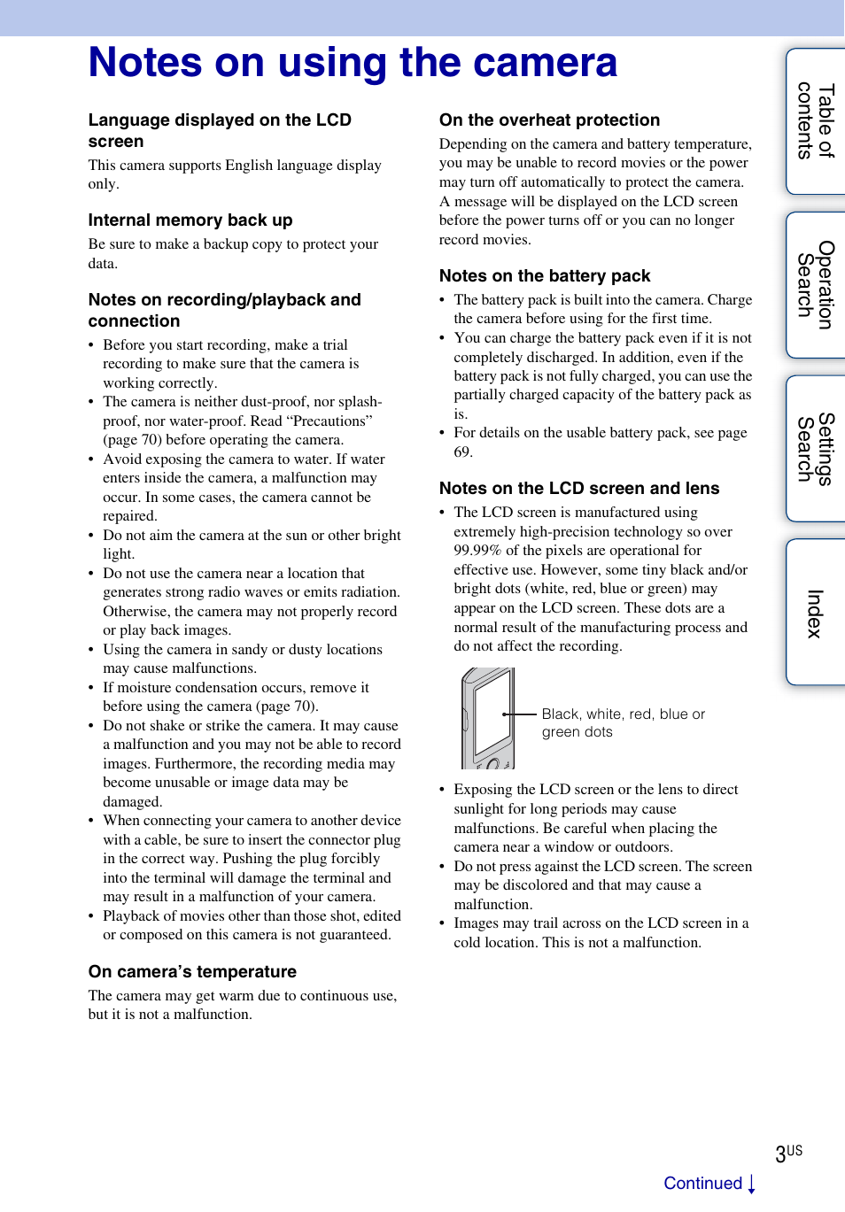 Notes on using the camera | Sony bloggie MHS-TS55 User Manual | Page 3 / 75