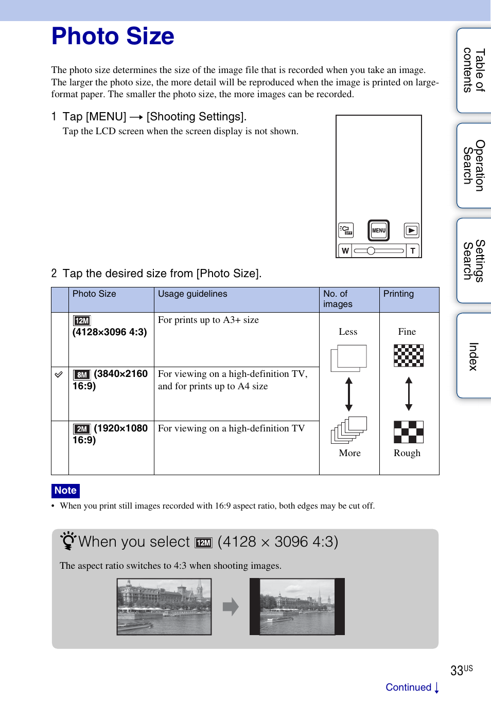 Photo size | Sony bloggie MHS-TS55 User Manual | Page 33 / 75