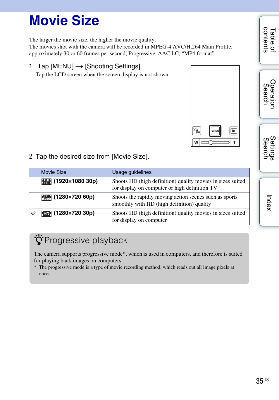 Movie size, Progressive playback | Sony bloggie MHS-TS55 User Manual | Page 35 / 75