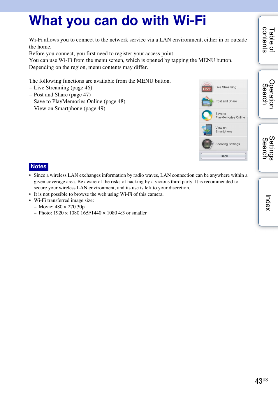 What you can do with wi-fi | Sony bloggie MHS-TS55 User Manual | Page 43 / 75