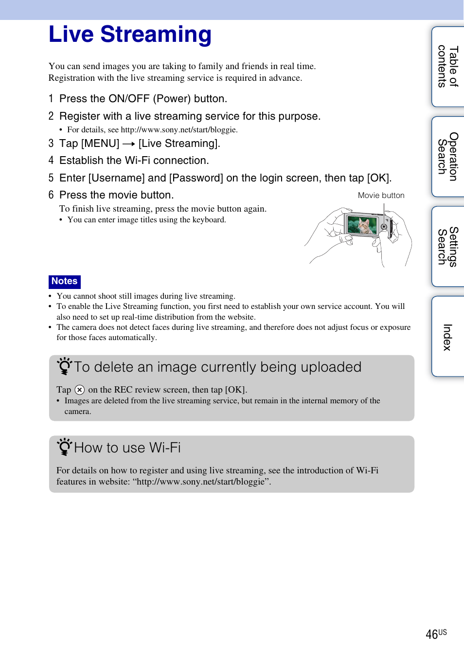 Live streaming, How to use wi-fi | Sony bloggie MHS-TS55 User Manual | Page 46 / 75