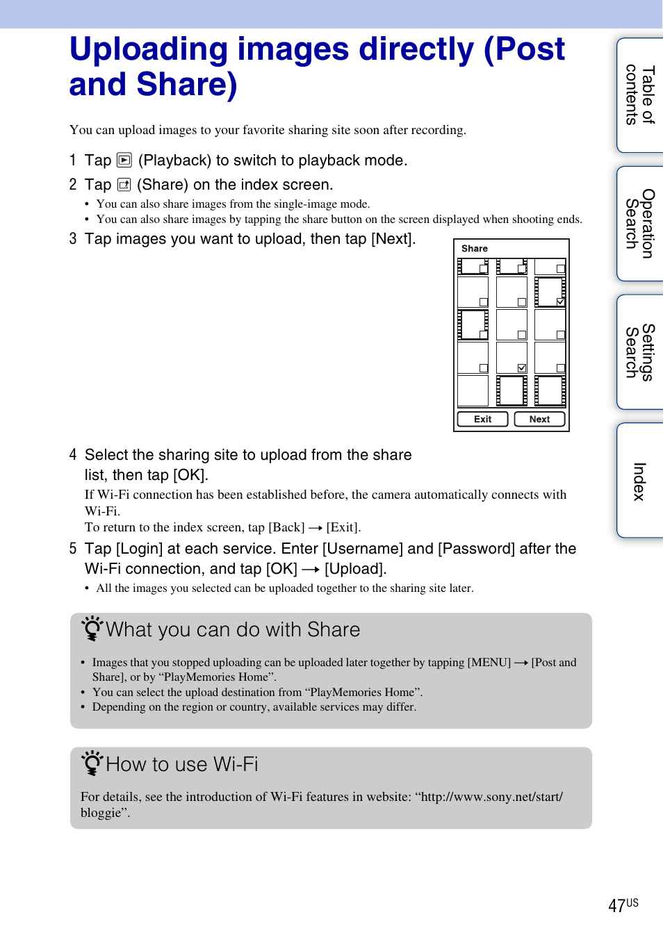 Uploading images directly (post and share), What you can do with share, How to use wi-fi | Sony bloggie MHS-TS55 User Manual | Page 47 / 75