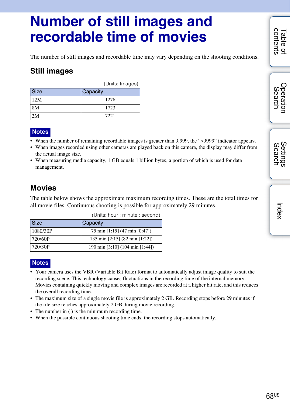 Still images, Movies | Sony bloggie MHS-TS55 User Manual | Page 68 / 75