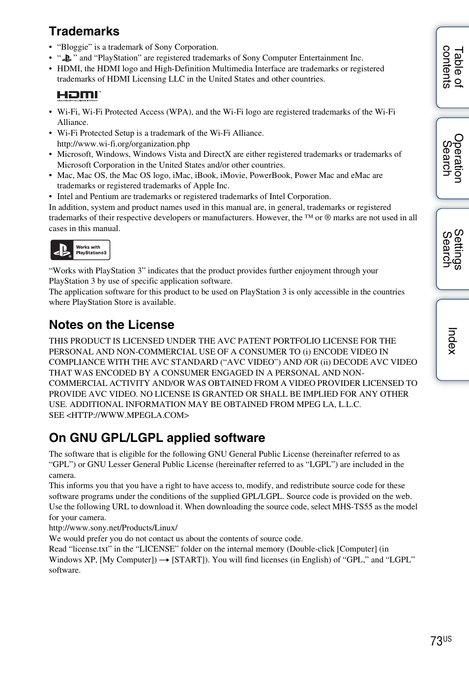 Trademarks, On gnu gpl/lgpl applied software | Sony bloggie MHS-TS55 User Manual | Page 73 / 75