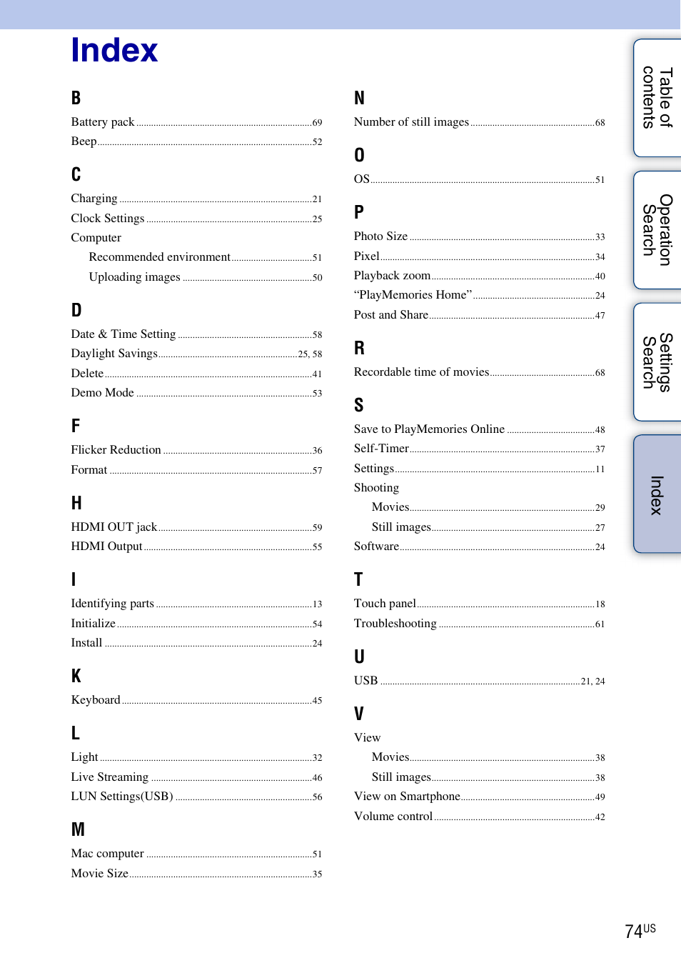 Index | Sony bloggie MHS-TS55 User Manual | Page 74 / 75