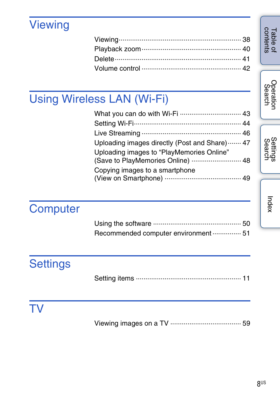 Viewing, Using wireless lan (wi-fi), Computer | Settings | Sony bloggie MHS-TS55 User Manual | Page 8 / 75