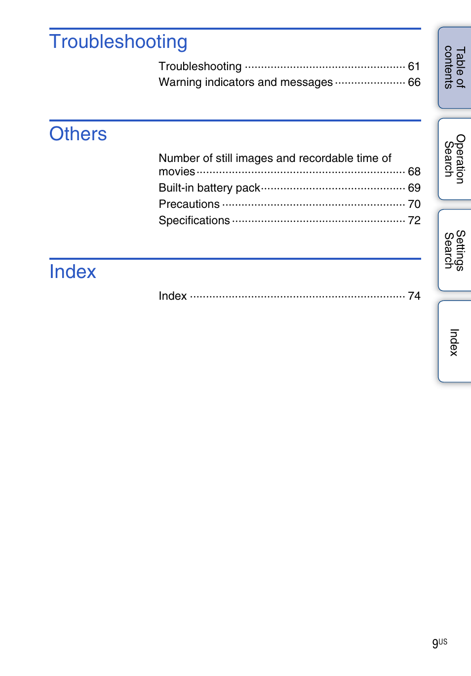 Troubleshooting, Others, Index | Sony bloggie MHS-TS55 User Manual | Page 9 / 75