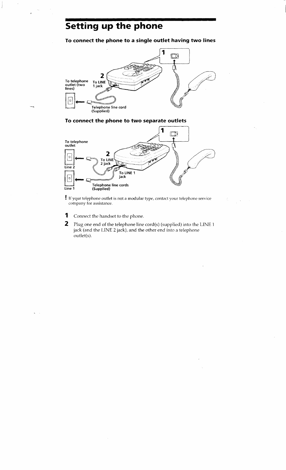 Setting up the phone, To connect the phone to two separate outlets | Sony IT-M10 User Manual | Page 3 / 16