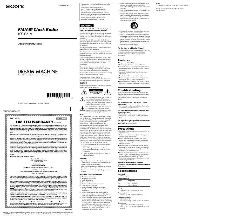 Sony ICF-C218WHITE User Manual | 2 pages
