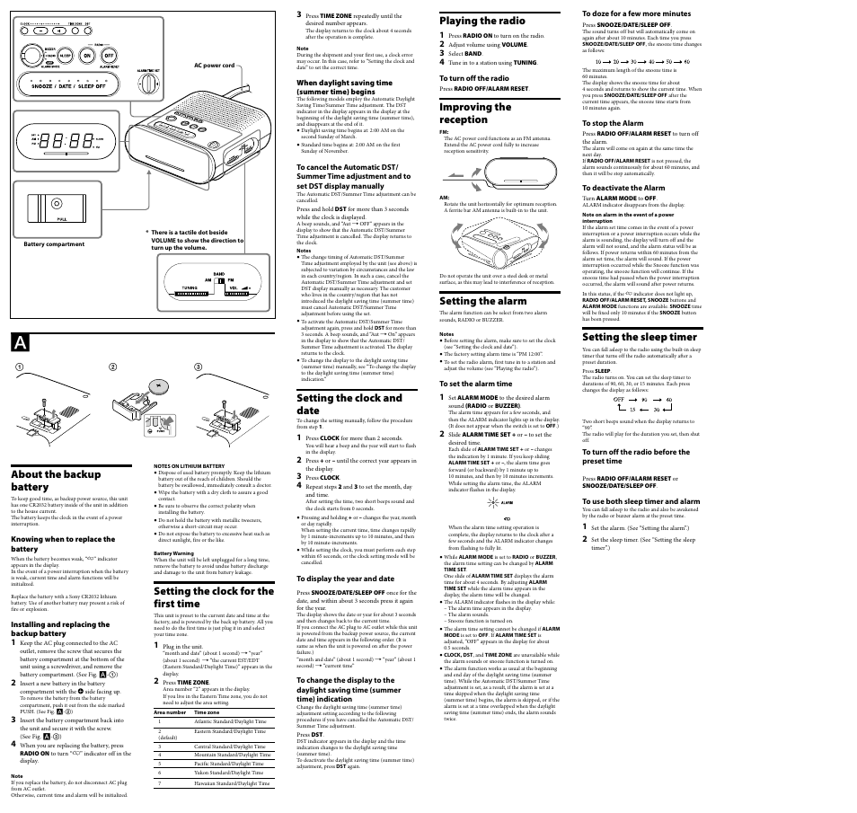 About the backup battery, Setting the clock for the first time, Setting the clock and date | Playing the radio, Improving the reception, Setting the alarm, Setting the sleep timer | Sony ICF-C218WHITE User Manual | Page 2 / 2