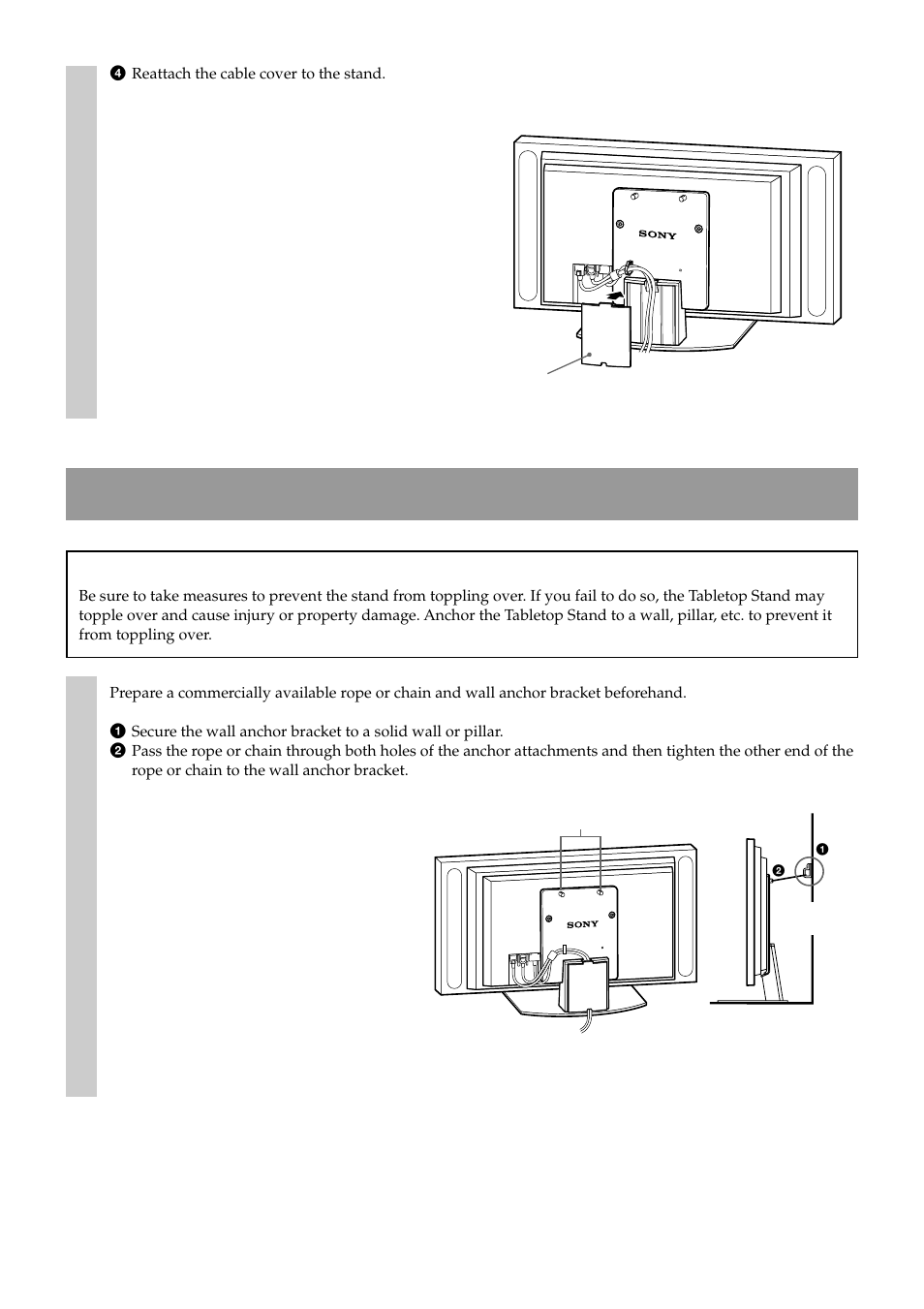 Safety measures to prevent toppling over, Warning | Sony SU-P50T2 User Manual | Page 10 / 36