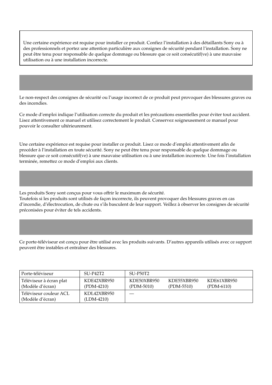 Français, Avertissement, A propos des mesures de sécurité | Attention | Sony SU-P50T2 User Manual | Page 12 / 36