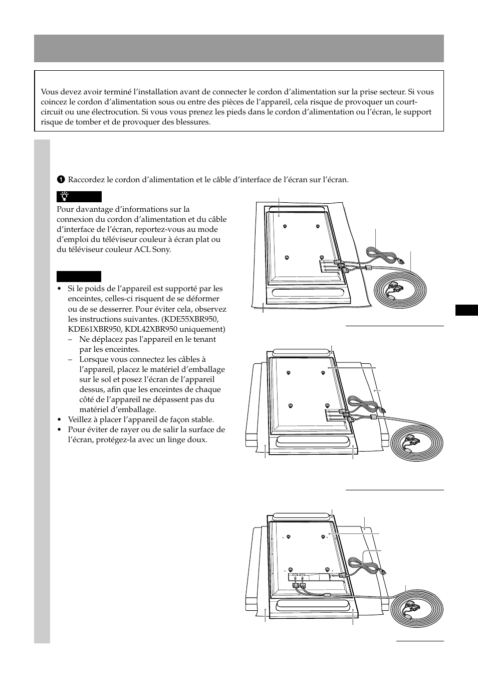 Installation de l’écran, Avertissement, Installez l’écran sur le porte-téléviseur | Sony SU-P50T2 User Manual | Page 17 / 36