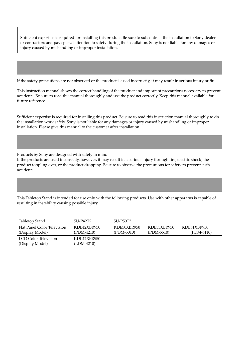 English, Warning, On safety | Caution | Sony SU-P50T2 User Manual | Page 2 / 36