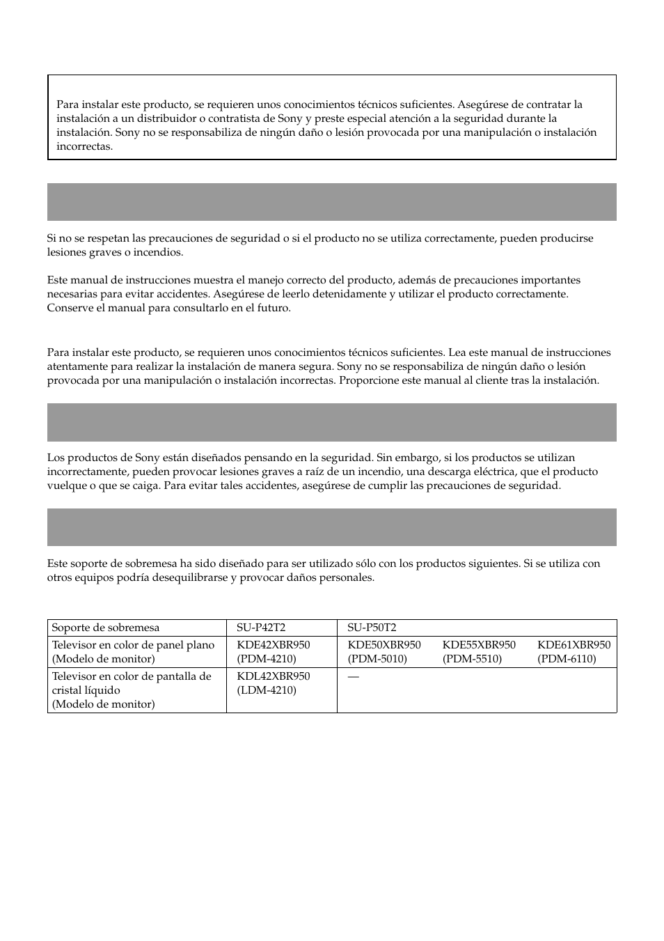 Español, Advertencia, Seguridad | Precaución | Sony SU-P50T2 User Manual | Page 22 / 36