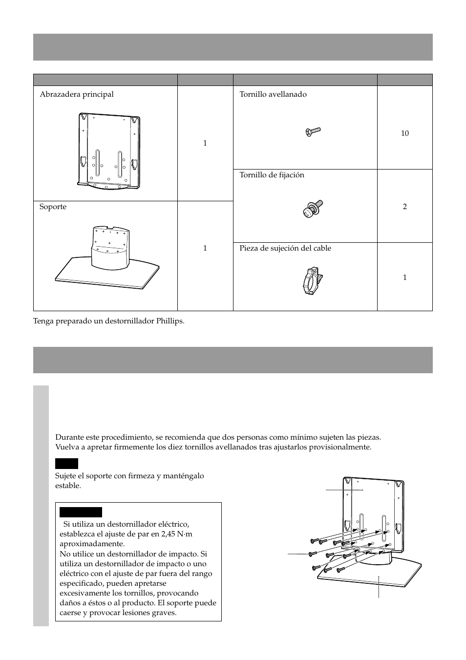 Instractions, Instale la abrazadera principal, Compruebe las piezas | Sony SU-P50T2 User Manual | Page 26 / 36