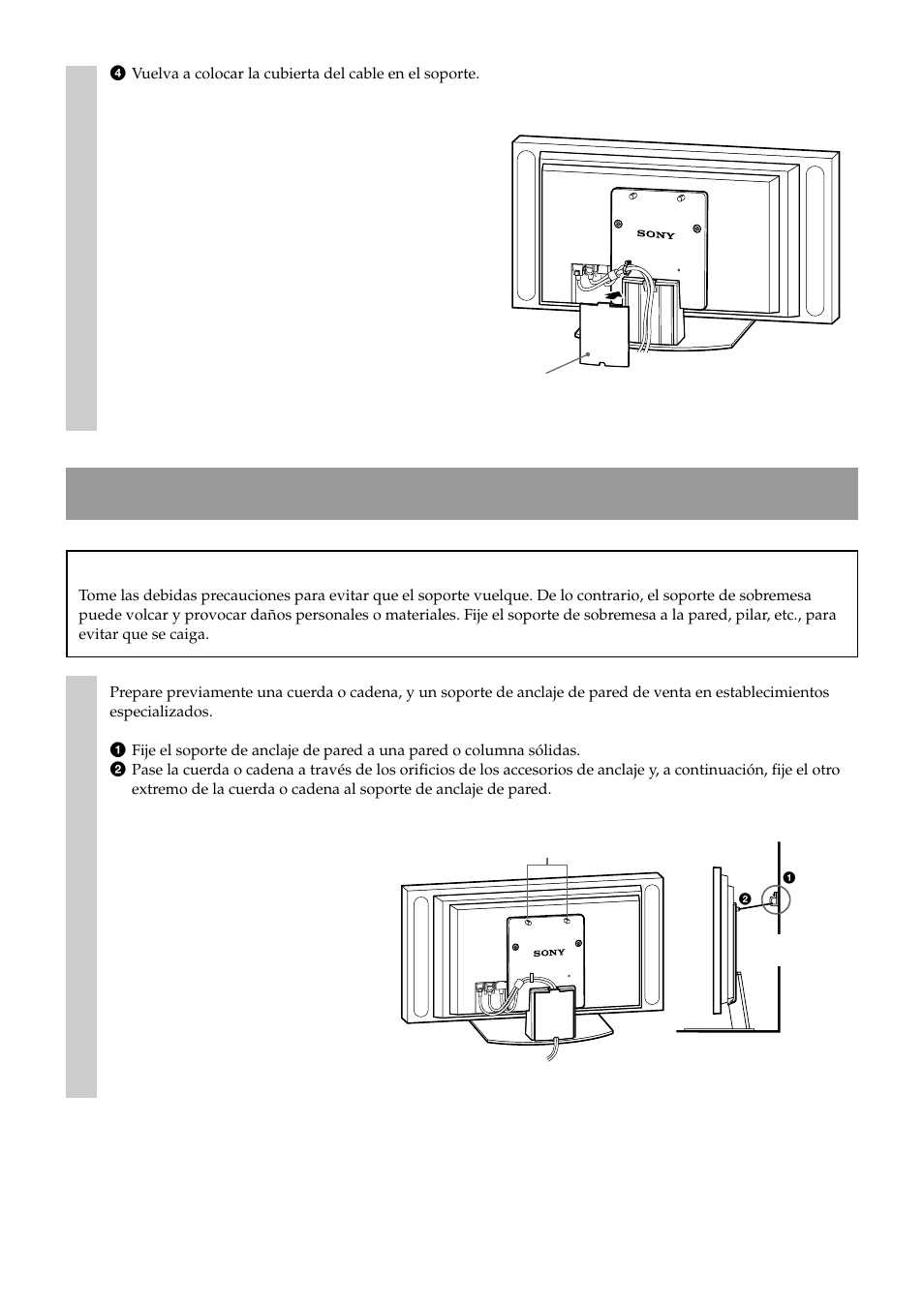 Medidas de seguridad para evitar el vuelco, Advertencia | Sony SU-P50T2 User Manual | Page 30 / 36