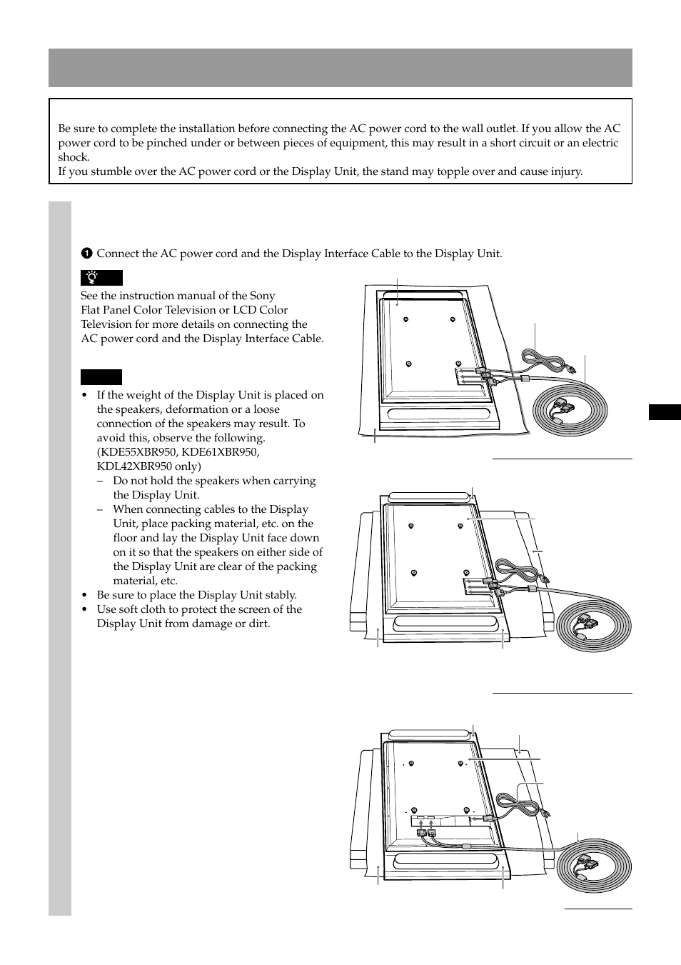 Install the display unit, Warning, Install the display unit on the tabletop stand | Sony SU-P50T2 User Manual | Page 7 / 36