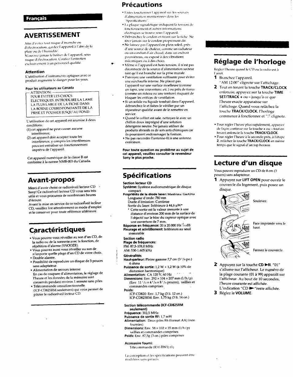 Précautions, Français, Avertissement | Attention, Avant-propos, Caractéristiques, Spécifications, Réglage de thorloge, Lecture d'un disque | Sony ICF-CD825RM User Manual | Page 11 / 14