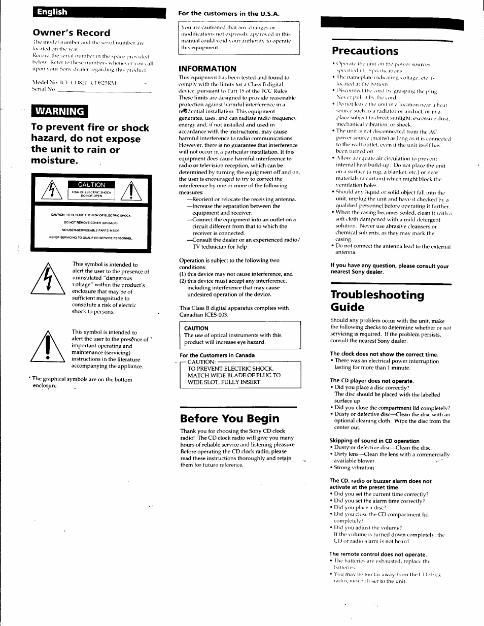 Before you begin, Precautions, Troubleshooting guide | Owner's record, Information, English | Sony ICF-CD825RM User Manual | Page 4 / 14