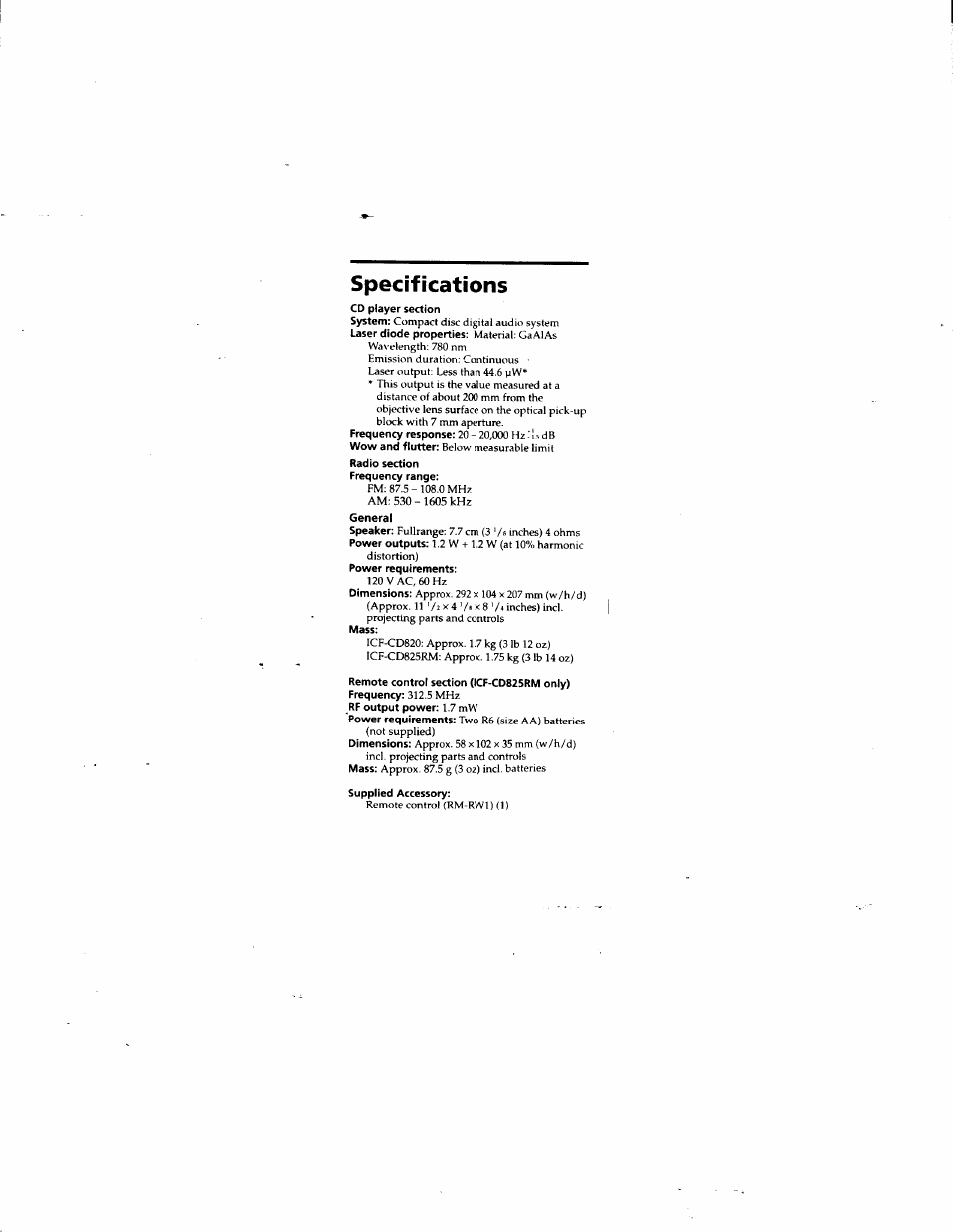 Specifications | Sony ICF-CD825RM User Manual | Page 5 / 14