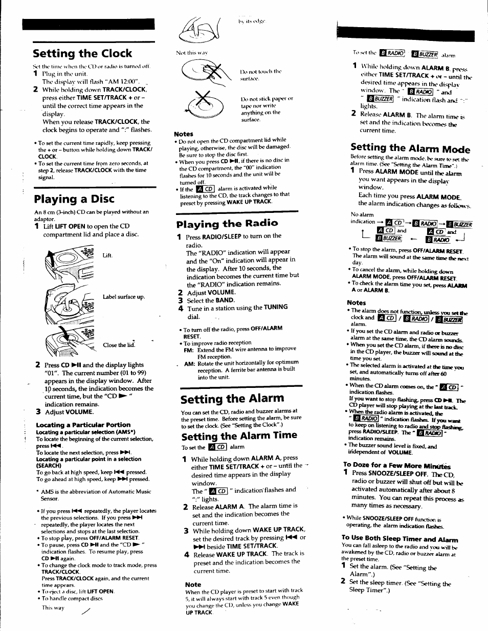 Setting the clock, Playing a disc, Setting the alarm time | Notes, To ooze for a few more minutes, To use both sleep timer and alarm, Setting the alarm, Setting the alarm mode, Playing the radio | Sony ICF-CD825RM User Manual | Page 6 / 14