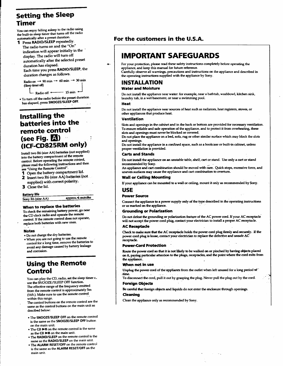 Water and moisture, Heat, Ventilation | Carts and stands, Wall or ceiling mounting, Power source, Grounding or polarization, Ac receptacle, Power-cord protection, When not in use | Sony ICF-CD825RM User Manual | Page 7 / 14