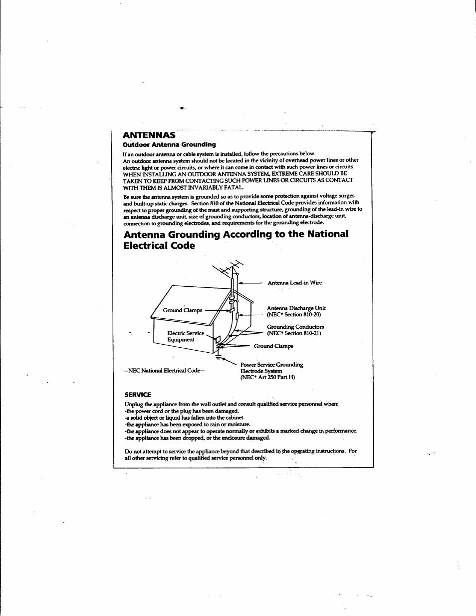 Outdoor antenna grounding, Service, Antennas | Sony ICF-CD825RM User Manual | Page 8 / 14