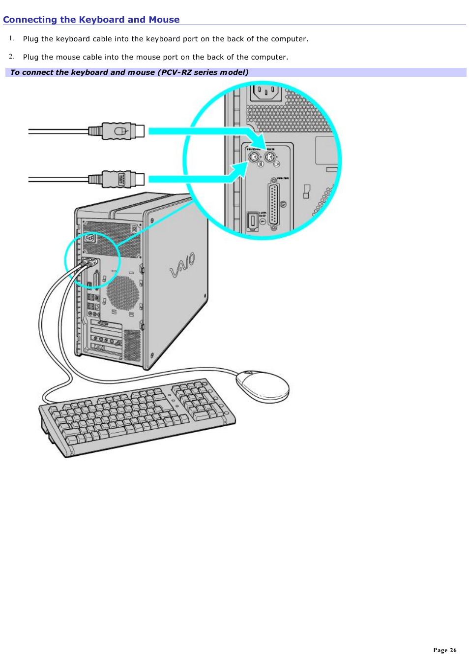 Connecting the keyboard and mouse | Sony PCV-RZ20CG User Manual | Page 26 / 87