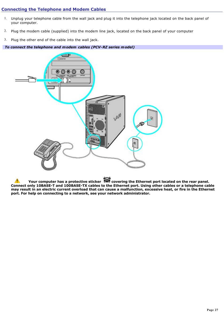 Connecting the telephone and modem cables | Sony PCV-RZ20CG User Manual | Page 27 / 87