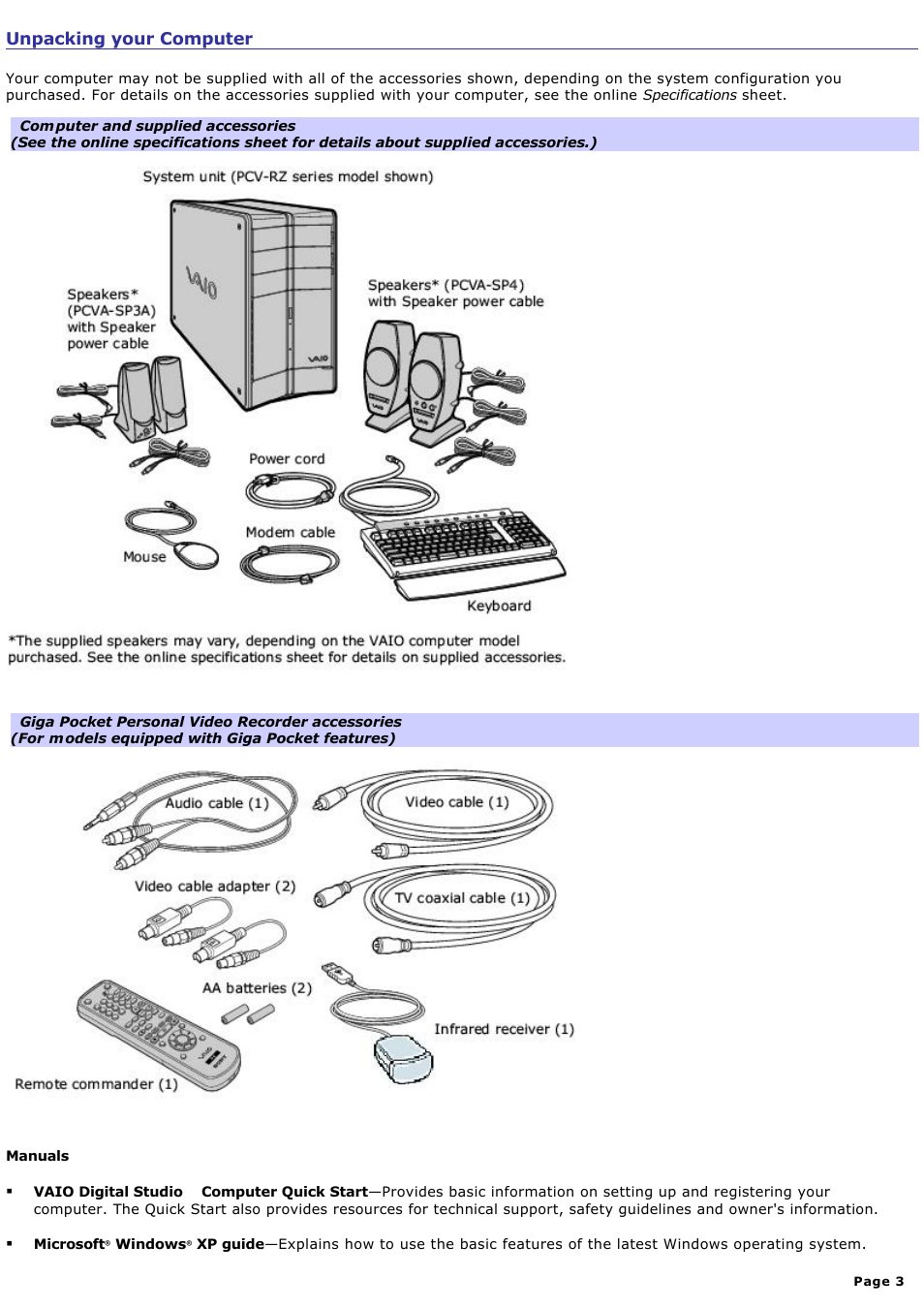 Unpacking your computer | Sony PCV-RZ20CG User Manual | Page 3 / 87