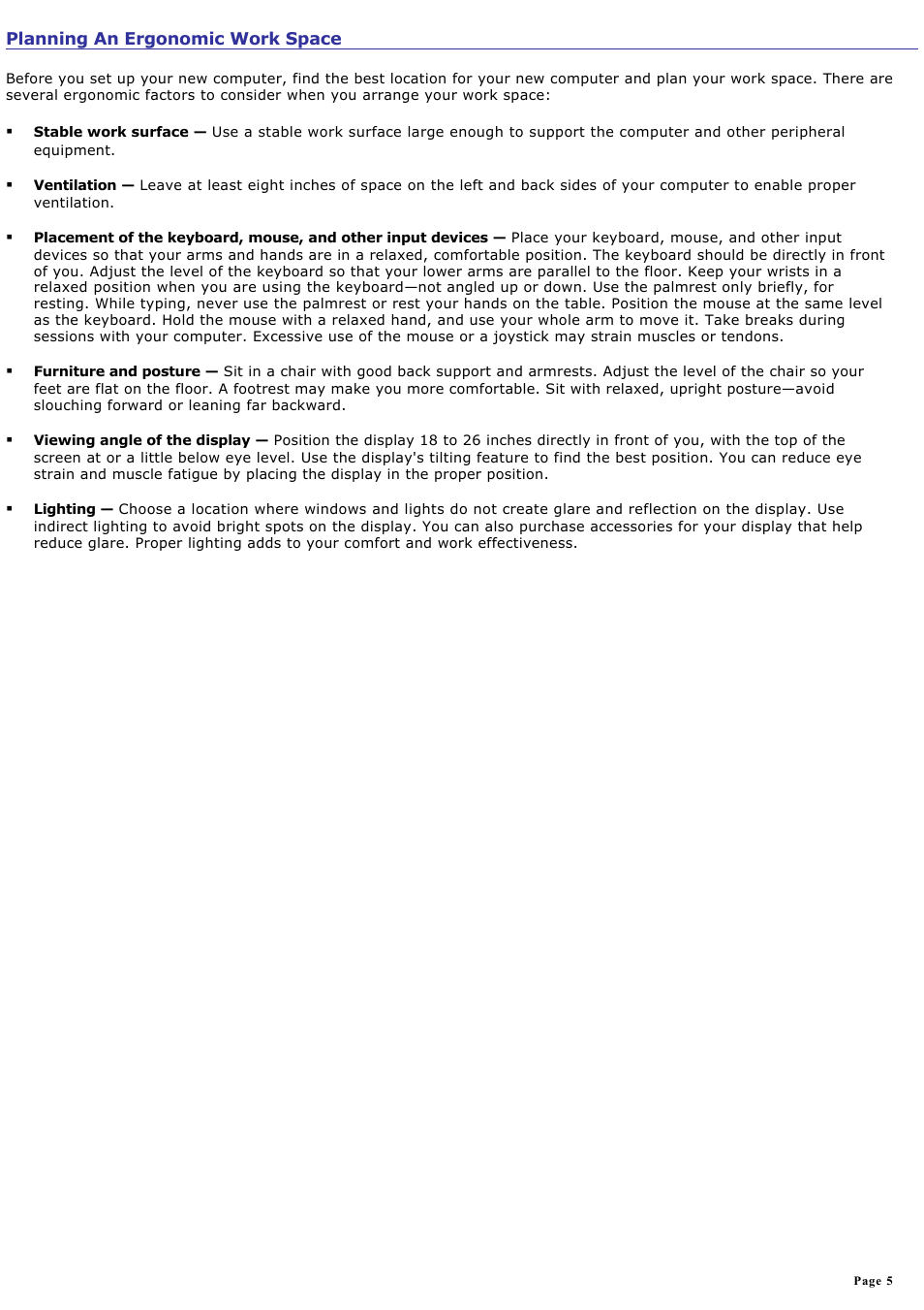 Planning an ergonomic work space | Sony PCV-RZ20CG User Manual | Page 5 / 87