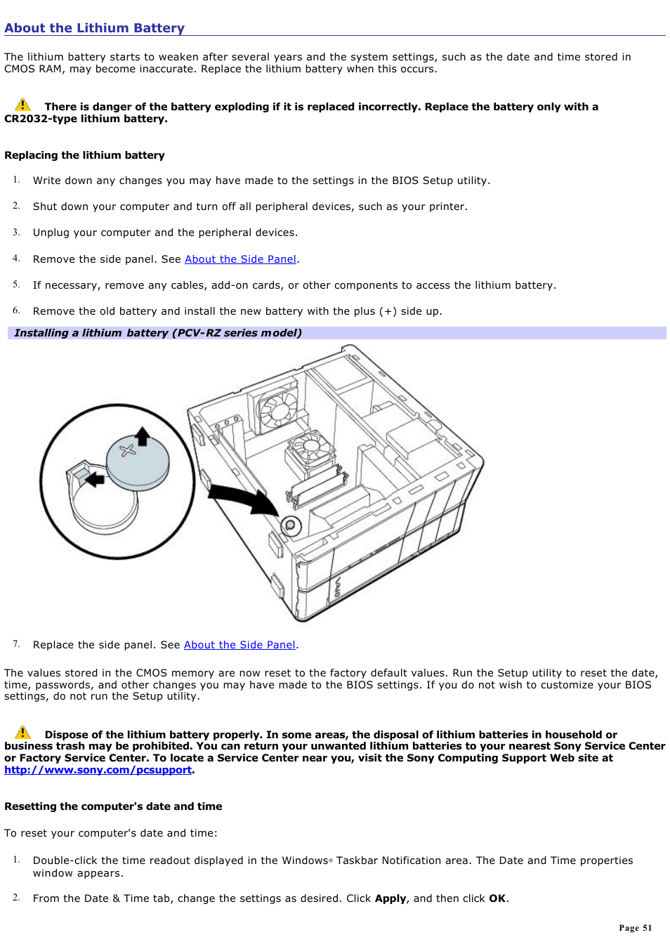 About the lithium battery | Sony PCV-RZ20CG User Manual | Page 51 / 87