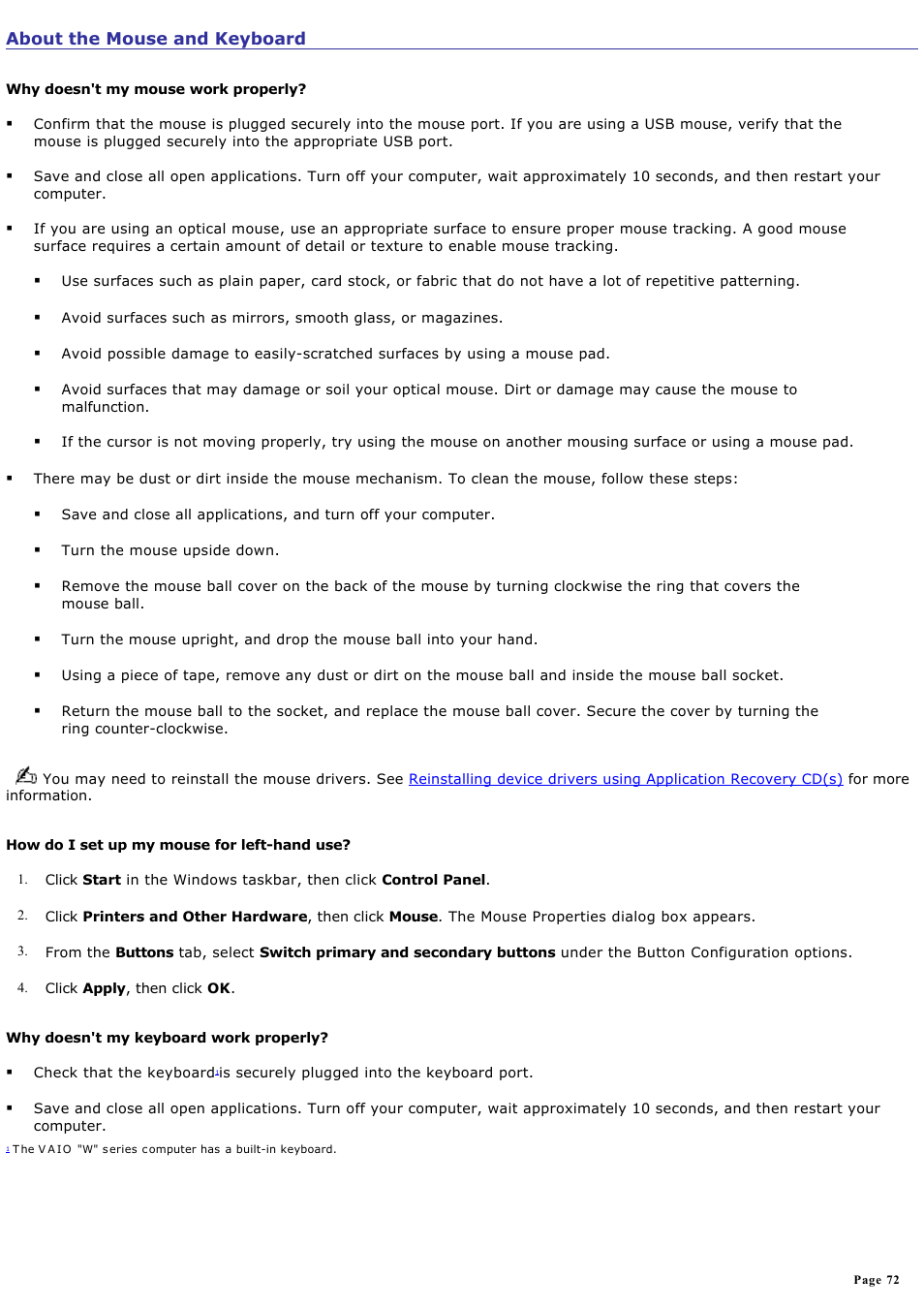 About the mouse and keyboard | Sony PCV-RZ20CG User Manual | Page 72 / 87