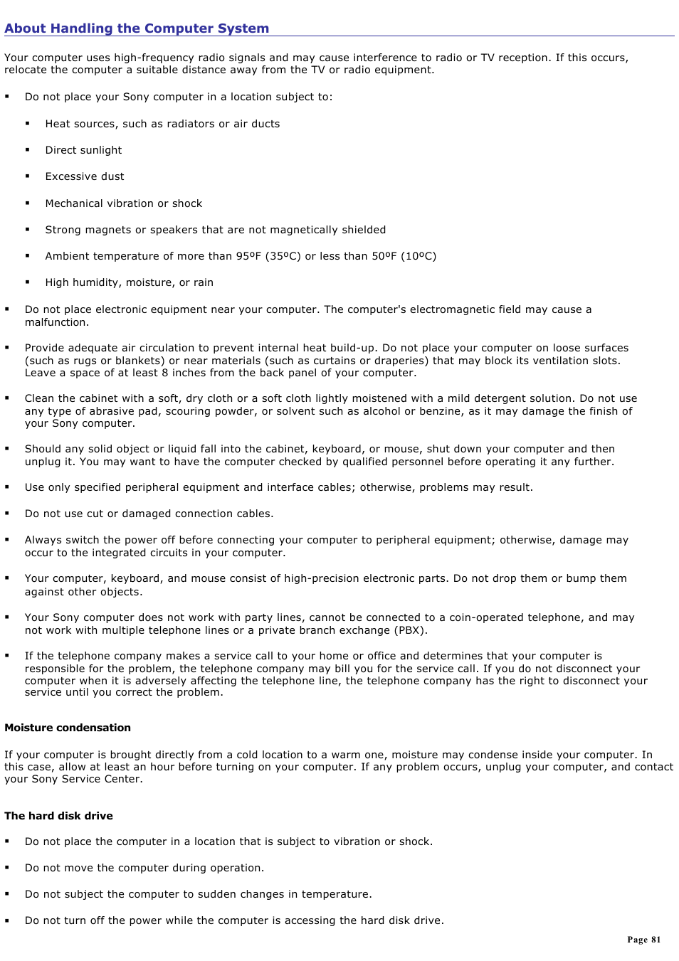 About handling the computer system | Sony PCV-RZ20CG User Manual | Page 81 / 87