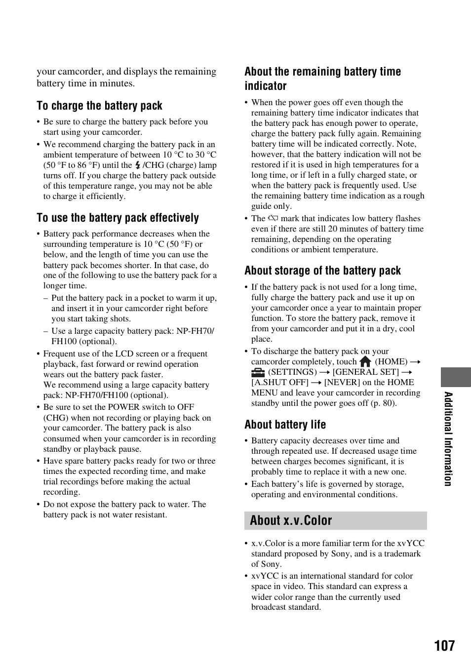 About x.v.color, About the remaining battery time indicator, About storage of the battery pack | About battery life | Sony HDR-SR11 User Manual | Page 107 / 124