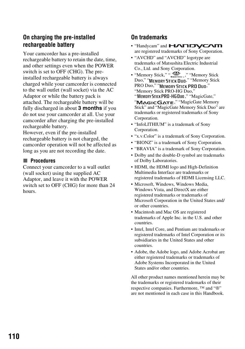 N (p. 110), On charging the pre-installed rechargeable battery, On trademarks | Sony HDR-SR11 User Manual | Page 110 / 124