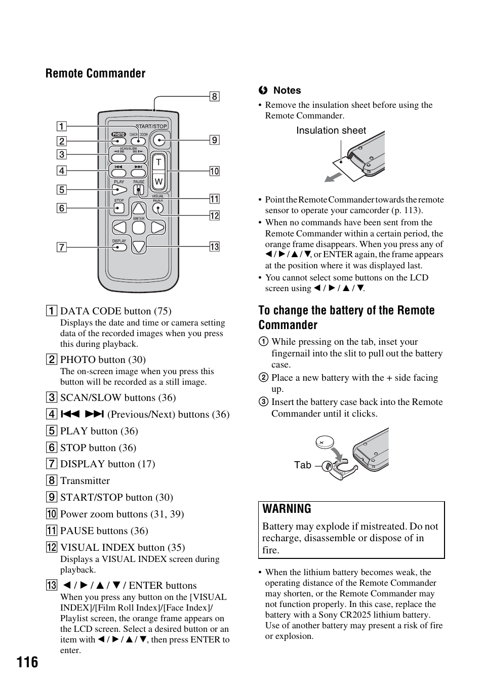 P. 116), R (p. 116), Remote commander | Warning | Sony HDR-SR11 User Manual | Page 116 / 124