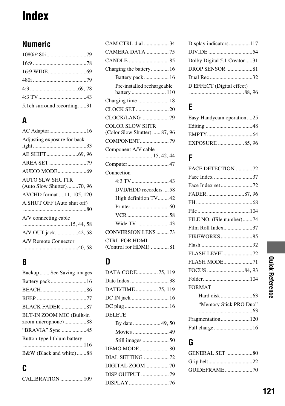 Index, Numeric | Sony HDR-SR11 User Manual | Page 121 / 124