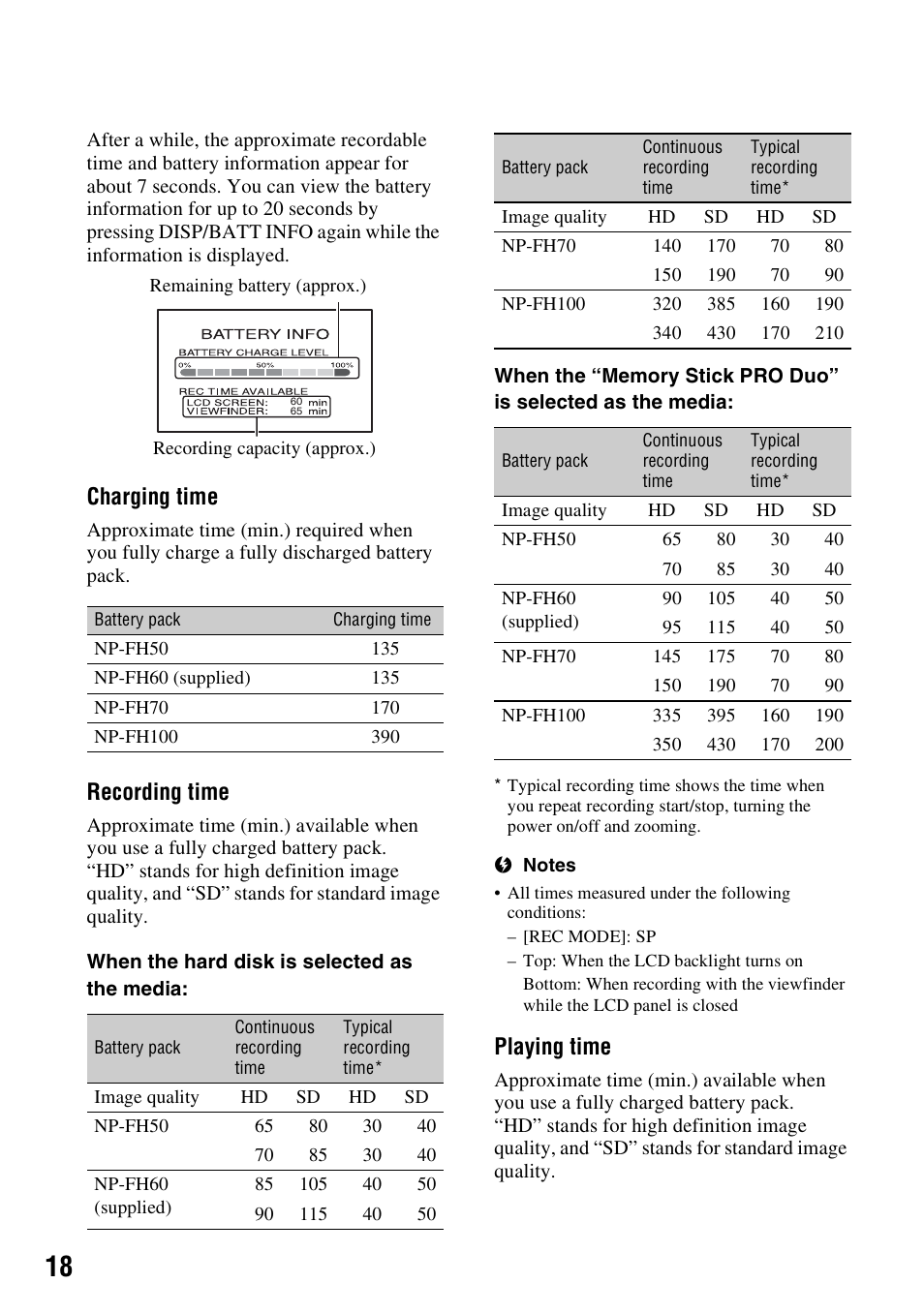 Charging time, Recording time, Playing time | Sony HDR-SR11 User Manual | Page 18 / 124